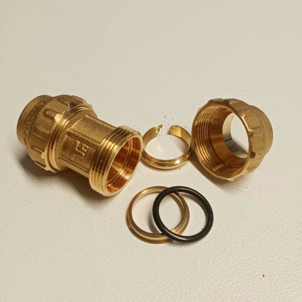 Raccordo 32x32 manicotto di giunzione in ottone con tenuta o-ring ed ogiva in ottone