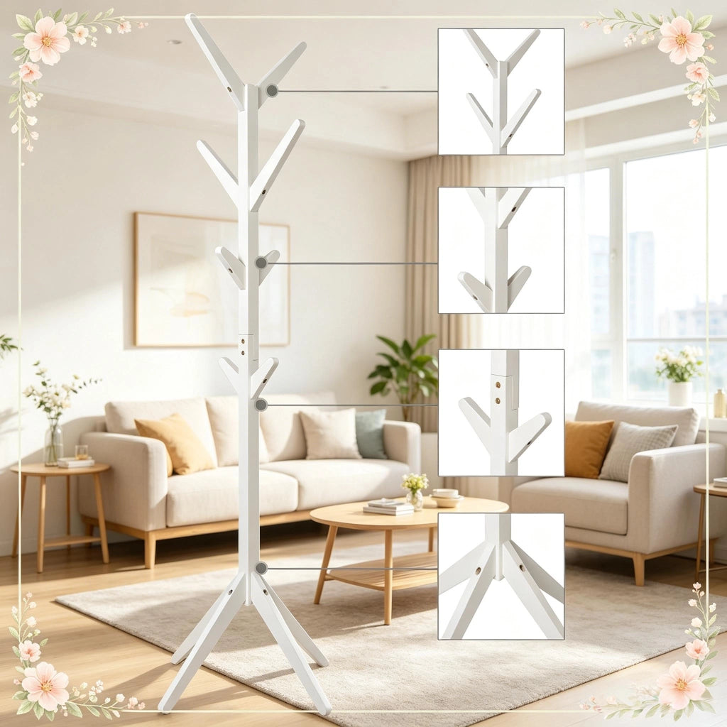 Appendiabiti in legno massiccio bianco con 8 ganci, design moderno, 180 cm