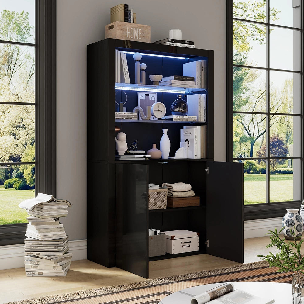 Credenza Vetrina 100x35x170cm - Xylo - Luci LED e Ripiani in Vetro, Colore Nero