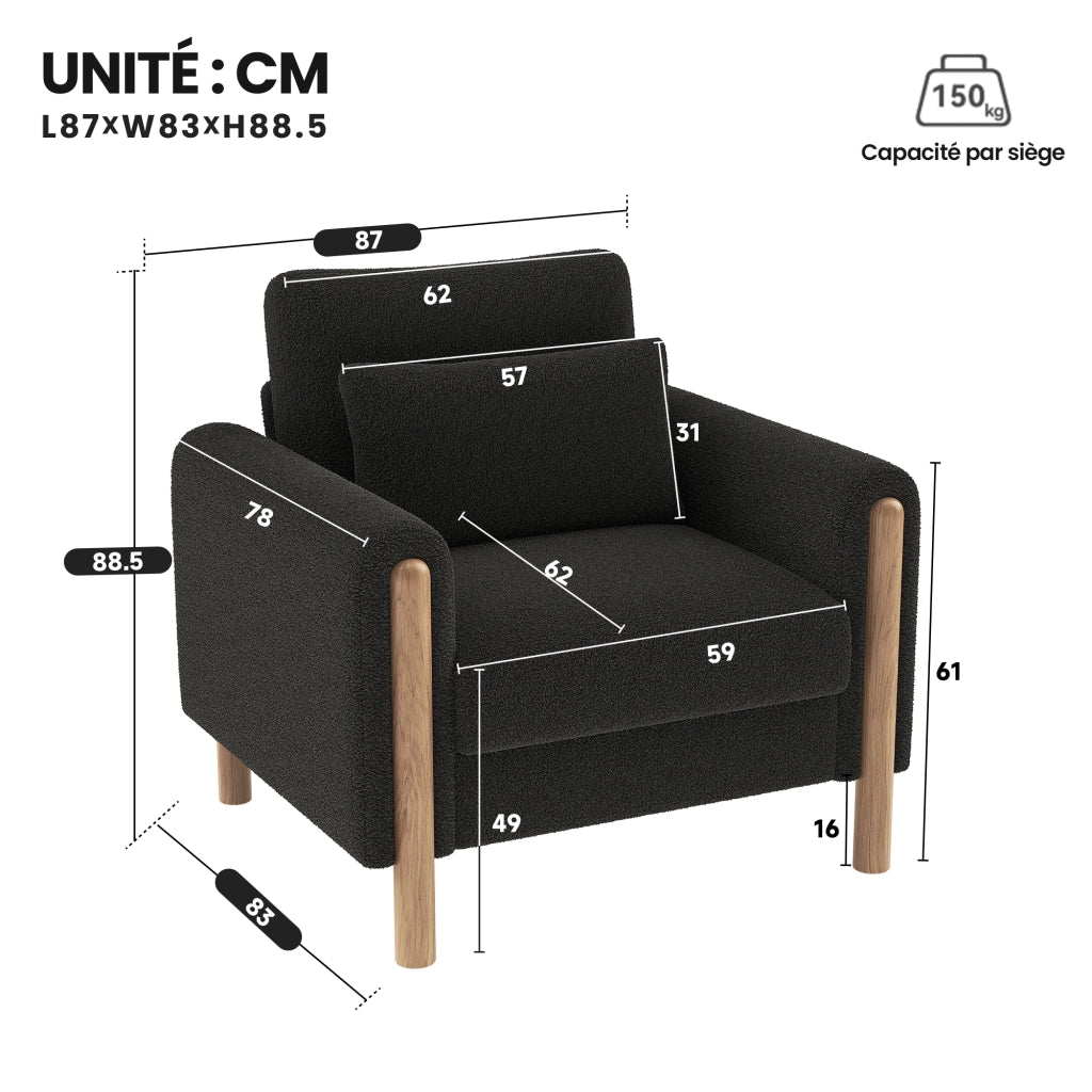 Poltrona lounge monoposto in teddy con cuscino spesso e struttura in legno massello, per soggiorno, grigio scuro