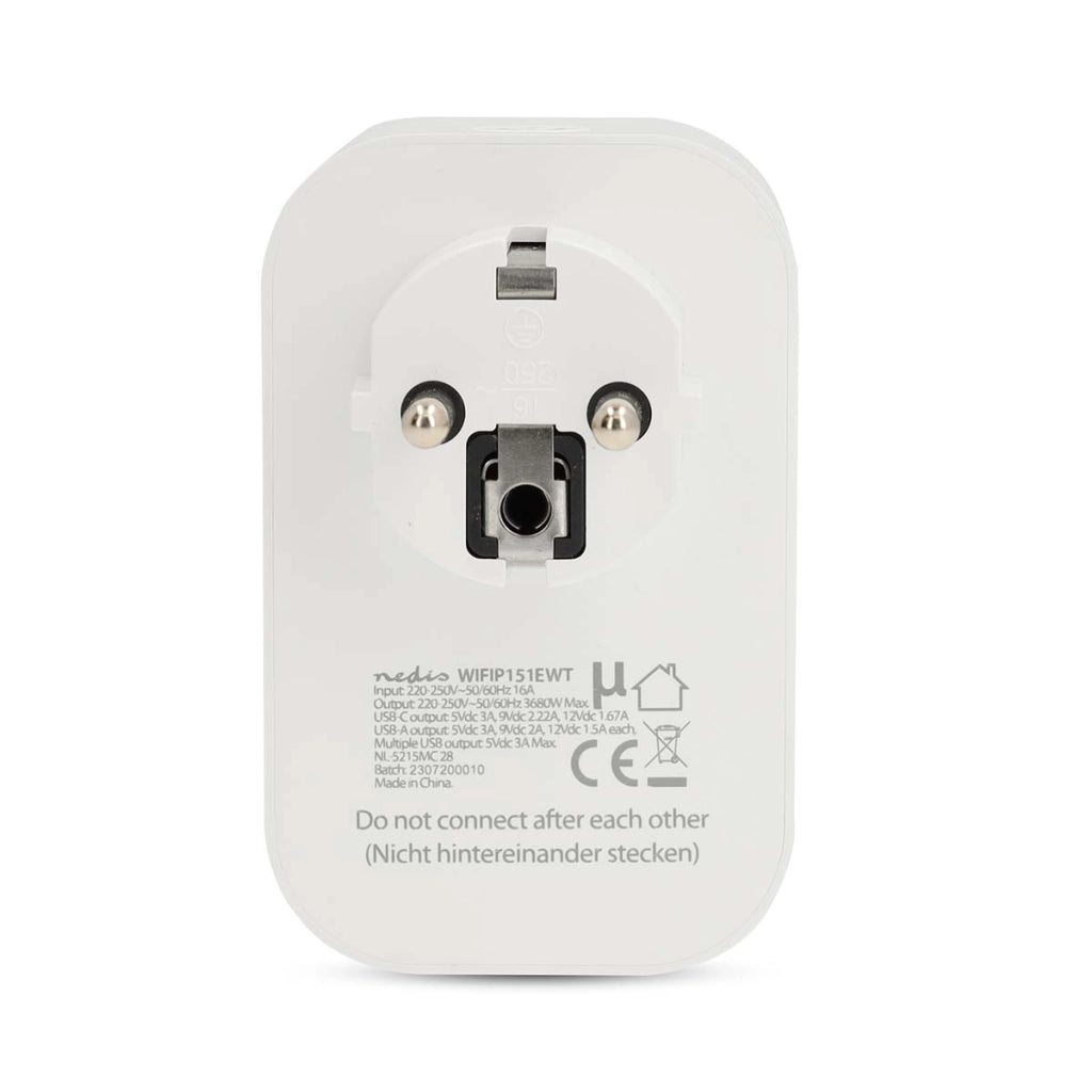 Striscia elettrica connessa Wi-Fi con porte USB-A / USB-C Wattmetro 3680W Tipo E Francia Bianco Nedis