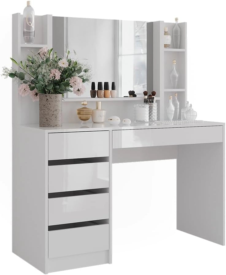 Tavolo da toeletta Sherry, Bianco/bianco lucido, 119.8 cm 4 parti