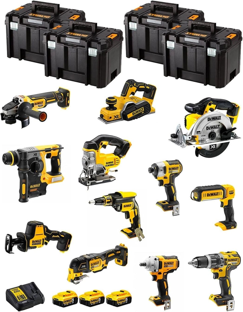 DeWALT Kit DWK1200T (DCD796 + DCH273 + DCG405 + DCF887 + DCF894 + DCS331 + DCS391 + DCS355 + DCP580 + DCS369 + DCL050 + DCF620 + 3 Batterie 5,0 Ah + Caricabatterie + 4 x TSTAK VI)
