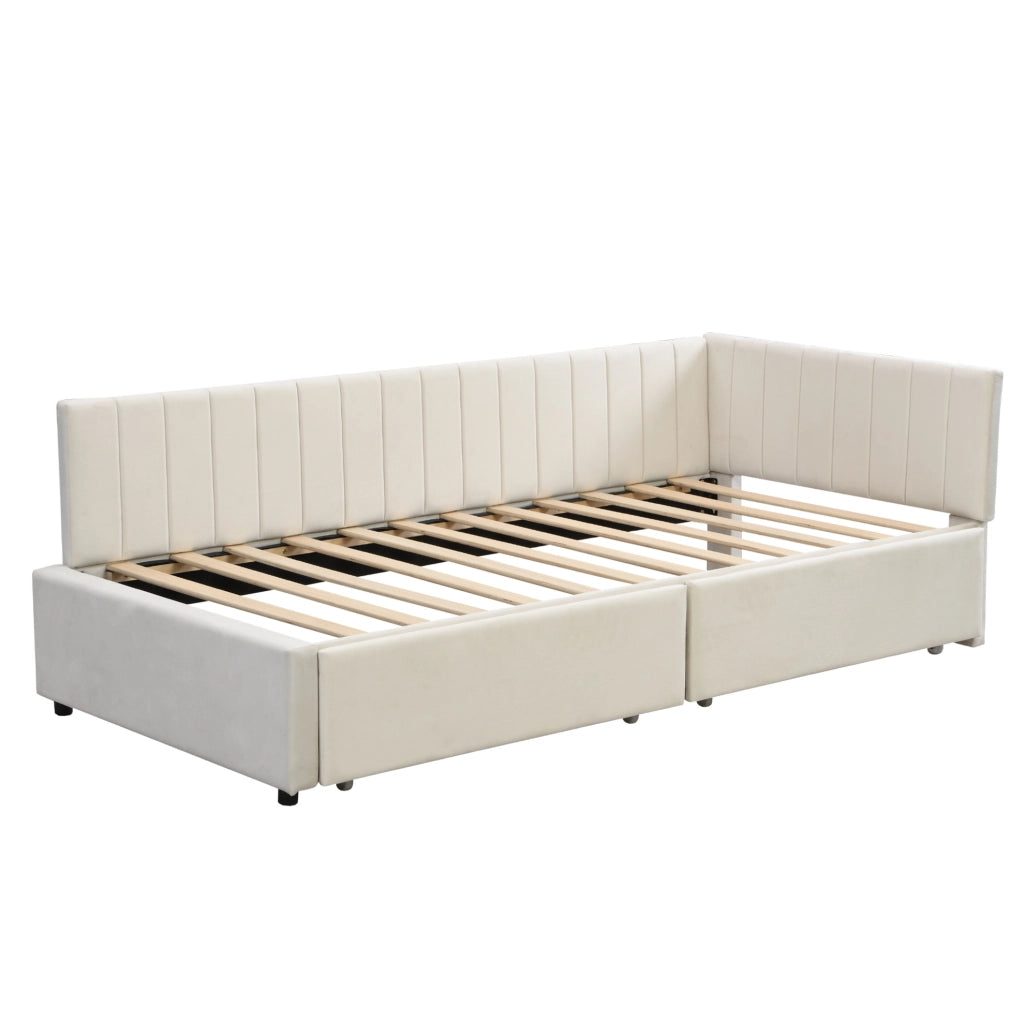 Letto da giorno imbottito 90x200 cm con 2 cassetti e rete a doghe; velluto beige