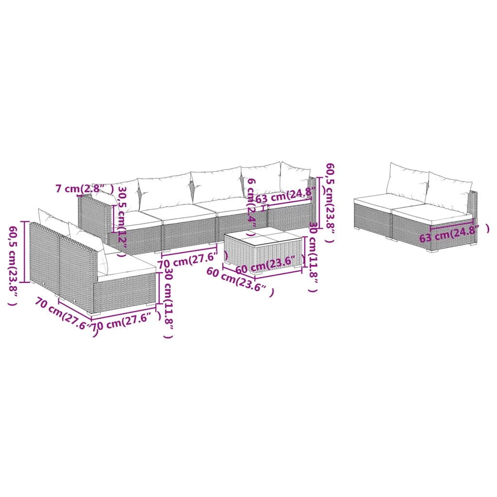 Set Divani da Giardino 9 pz con Cuscini in Polyrattan Marrone 3102259