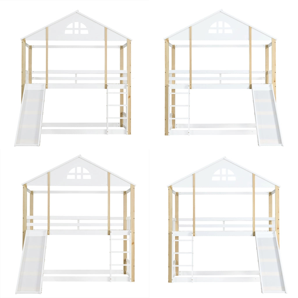 DESMIU Letto a castello 90 × 200 cm 2 posti con scivolo e scala, senza materasso, in legno massello e MDF, bianco e naturale
