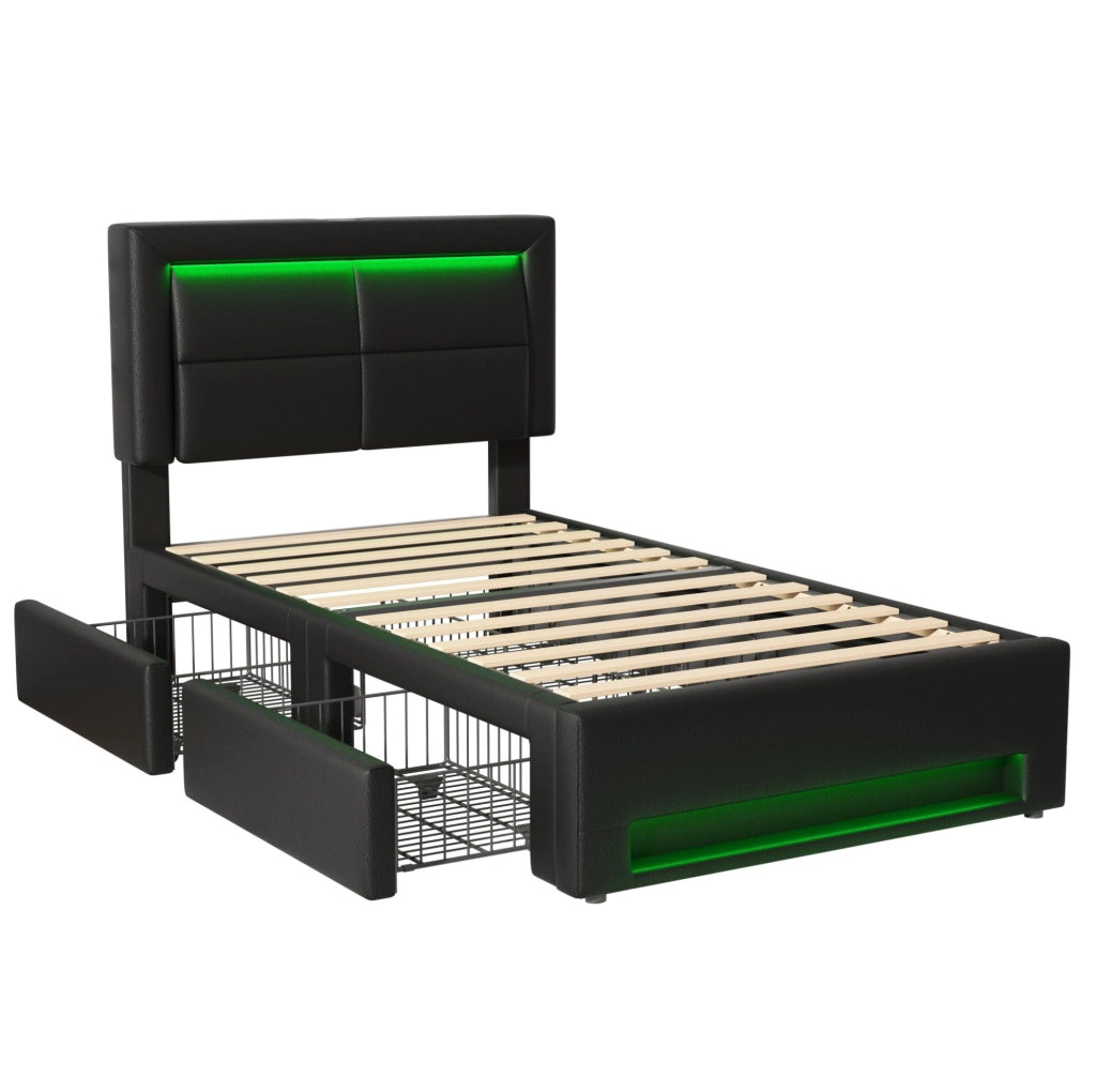 Letto imbottito 90x190 cm con USB; LED e 4 cassetti; PU nero