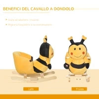 Animale a Dondolo per Bambini a forma di Ape in Legno di Pioppo con Musica, 60x33x45 cm, Giallo e Nero