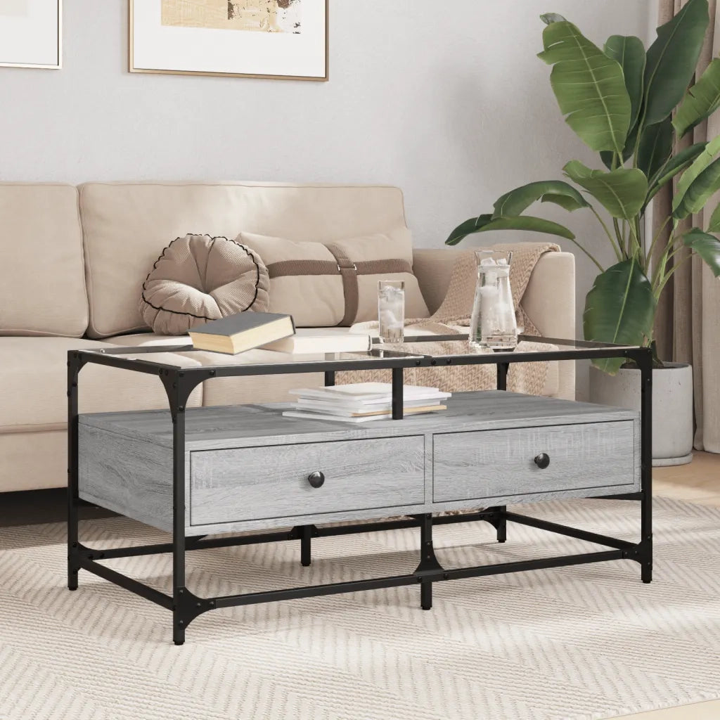 Tavolino da salotto | Tavolino da caff¨¨ | Tavolino da Soggiorno con Piano in Vetro Grigio Cemento 98,5x50x45cm Acciaio