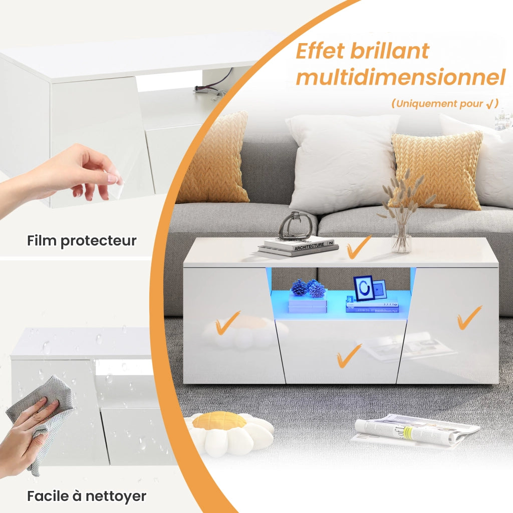 Tavolino da salotto con 2 Ante; 1 Cassetto; 1 Vano e LED; finitura lucida per Soggiorno; in Truciolare; Bianco