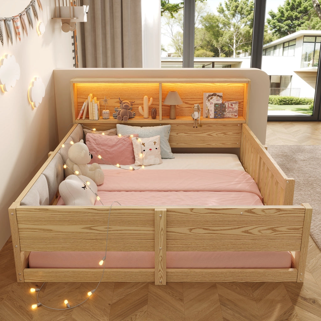 Letto per bambini 140×200 cm con testiera contenitore; sponde di sicurezza e LED; senza materasso; naturale