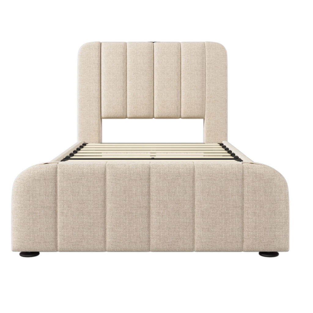 Letto singolo 90×200 cm con 4 cassetti; USB Type-C; testiera e materasso incluso; lino beige