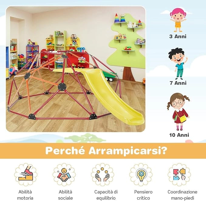 Cupola di Arrampicata, Struttura per Arrampicata con Scivolo, Capacità di Carico di 180 KG, per Bambini da 3 a 10 Anni, Ideale per Palestra, Cortile e Giardino (Stile 2 Arancione)