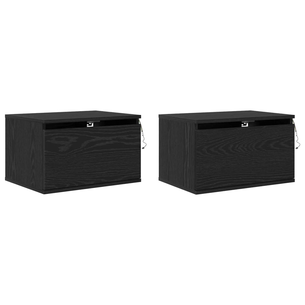 Set di 2 Mobiletto da Comodino | Armadio da Notte | Mobiletto da notte a parete con cassetto Rovere Nero