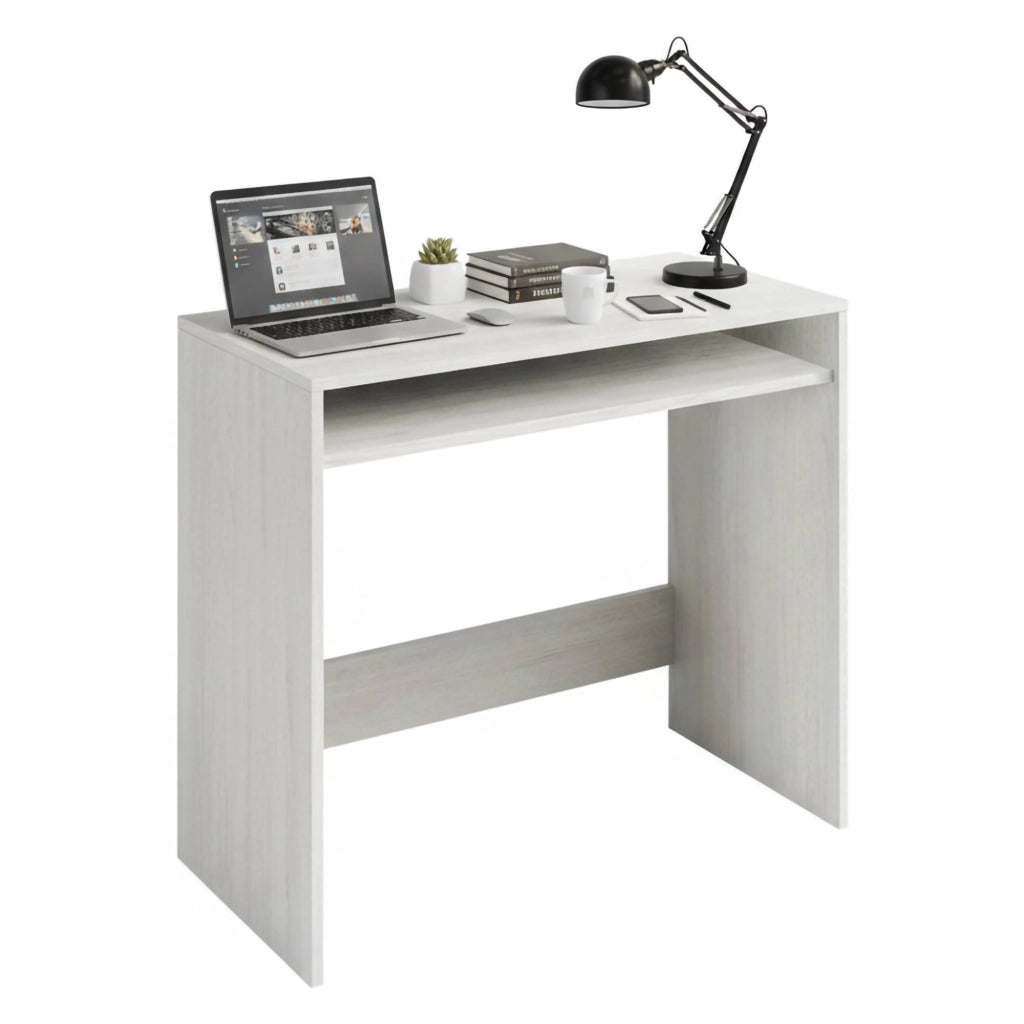 Scrivania Acu, Scrittoio lineare con ripiano fisso, Tavolo da studio o ufficio porta PC, cm 79x43h87, Bianco effetto legno