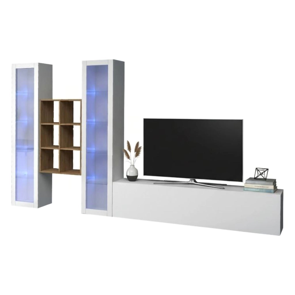 Mobile Soggiorno Lome, Parete Attrezzata 15 Ripiani Made in Italy, 320x30x180h cm Bianco Lucido