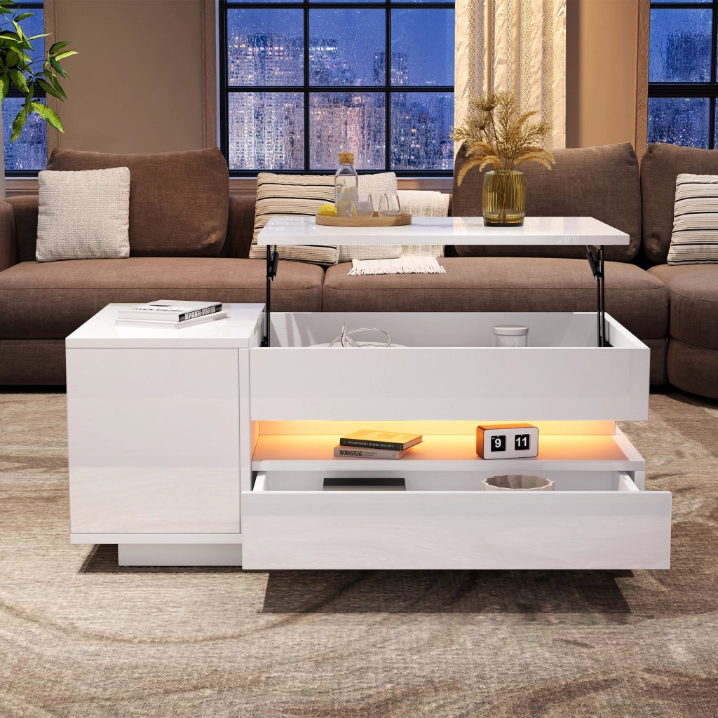 OKWISH Tavolino da Salotto Alzabile con 1 Cassetto e 1 Anta, LED e Vano Nascosto, per Soggiorno, 95 x 50 x 34.5 cm, Bianco
