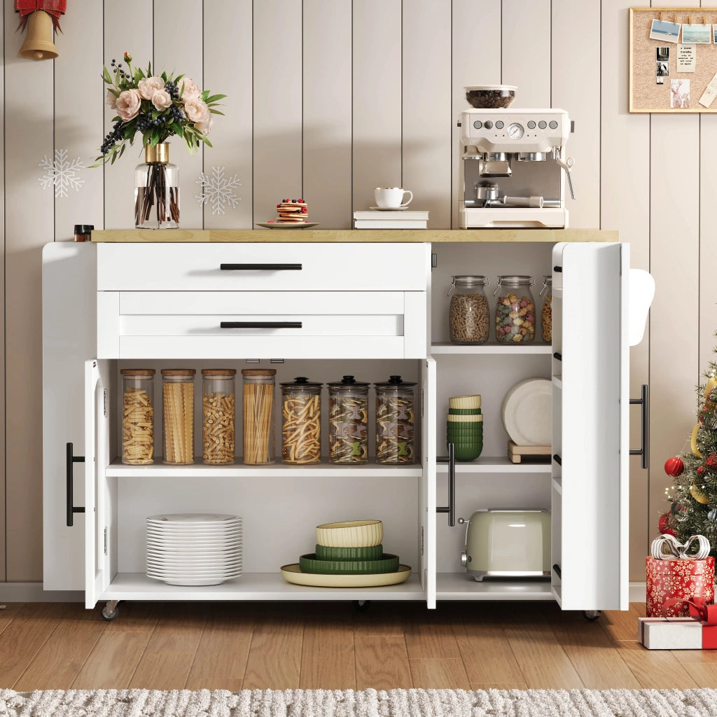 Isola Cucina Mobile con Piano Pieghevole ¨C MINIMAL ¨C 120x45x90, 5 Ruote, Cassetto, Spezie