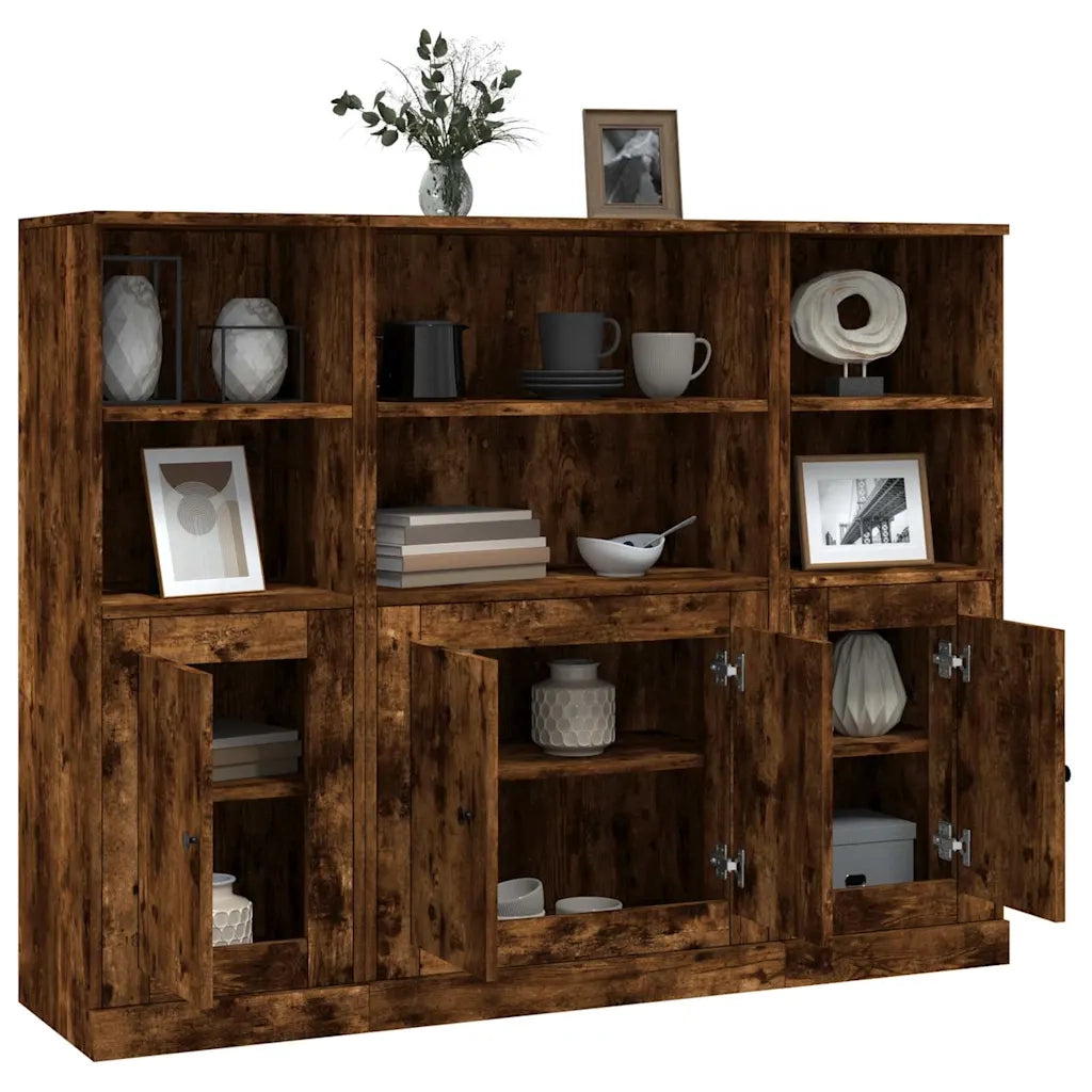 Credenze 3 pz | Madia | Buffet da pranzo | Armadio da pranzo Rovere Fumo in Legno Multistrato