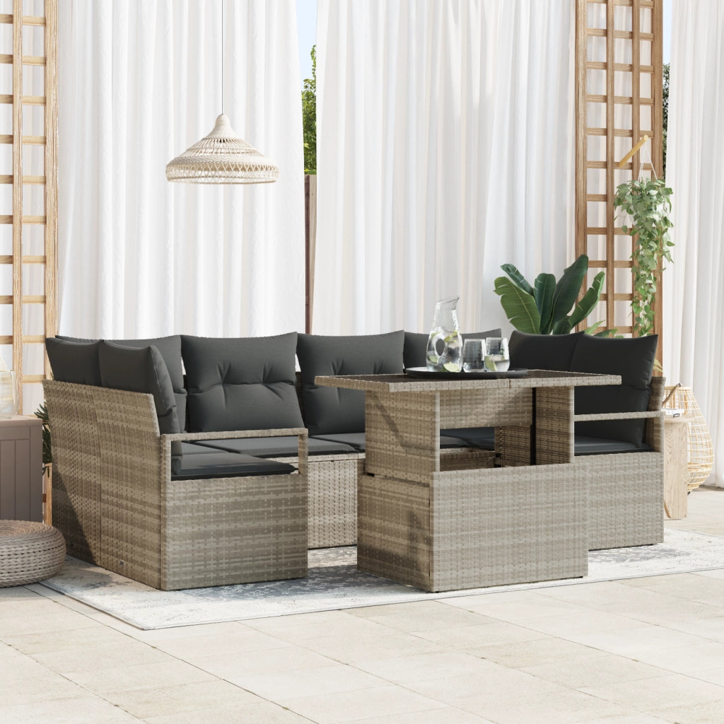 Set Divano da Giardino da 7 Pezzi con Cuscini Grigio Chiaro Polyrattan