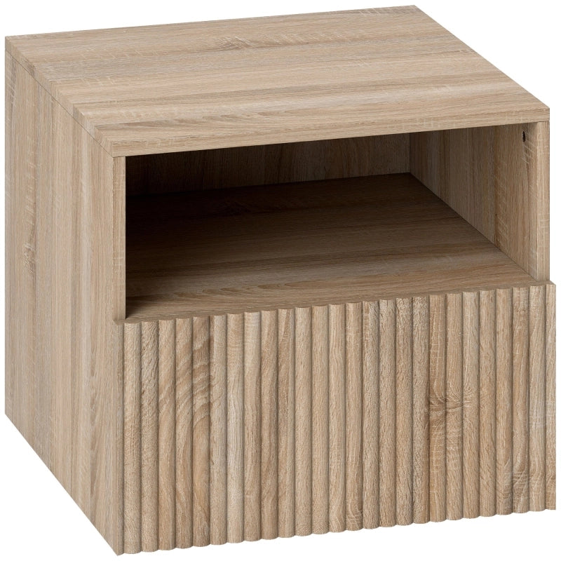 Comodino sospeso in effetto legno naturale, design senza maniglie, 1 cassetto e vano aperto, montaggio a parete