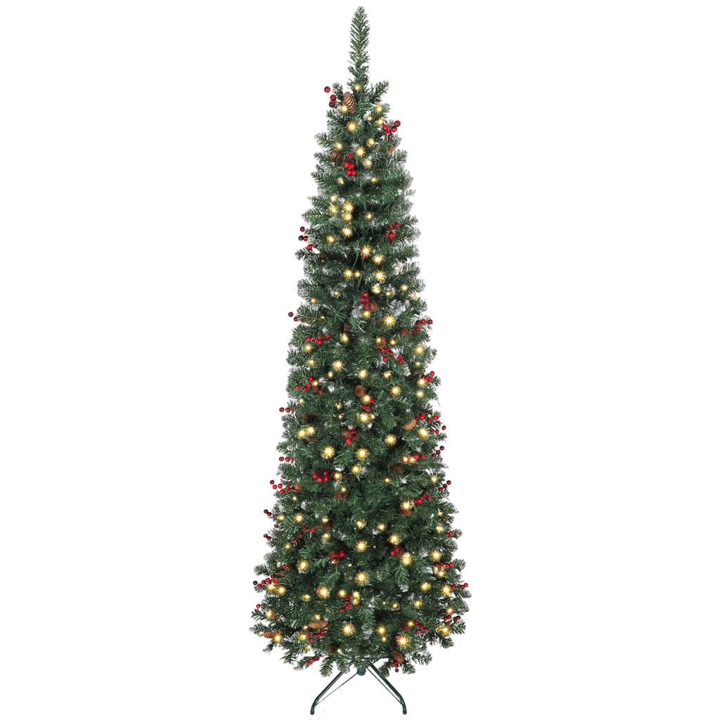 Albero di Natale Artificiale 230 cm con Luci LED 761 Rami Pigne Bacche e Base ¨C Xylo ¨C Verde