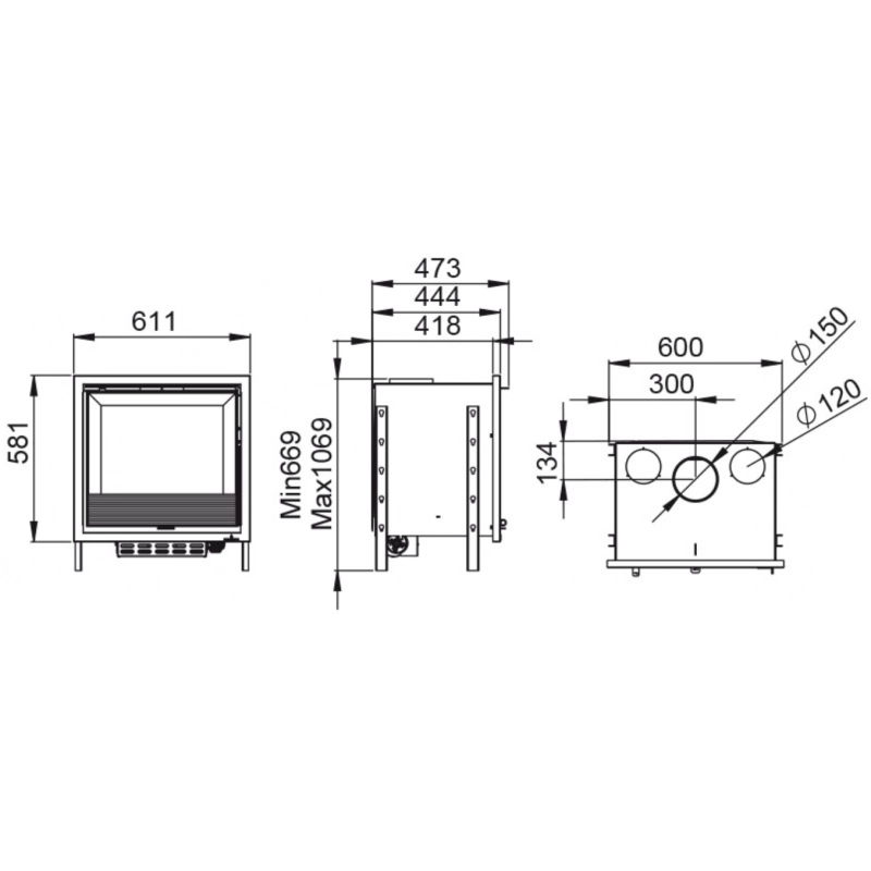 Inserto Camino Doppia Combustione 611x581 Bronpi Paris-55 Refrattario 9.5 KW