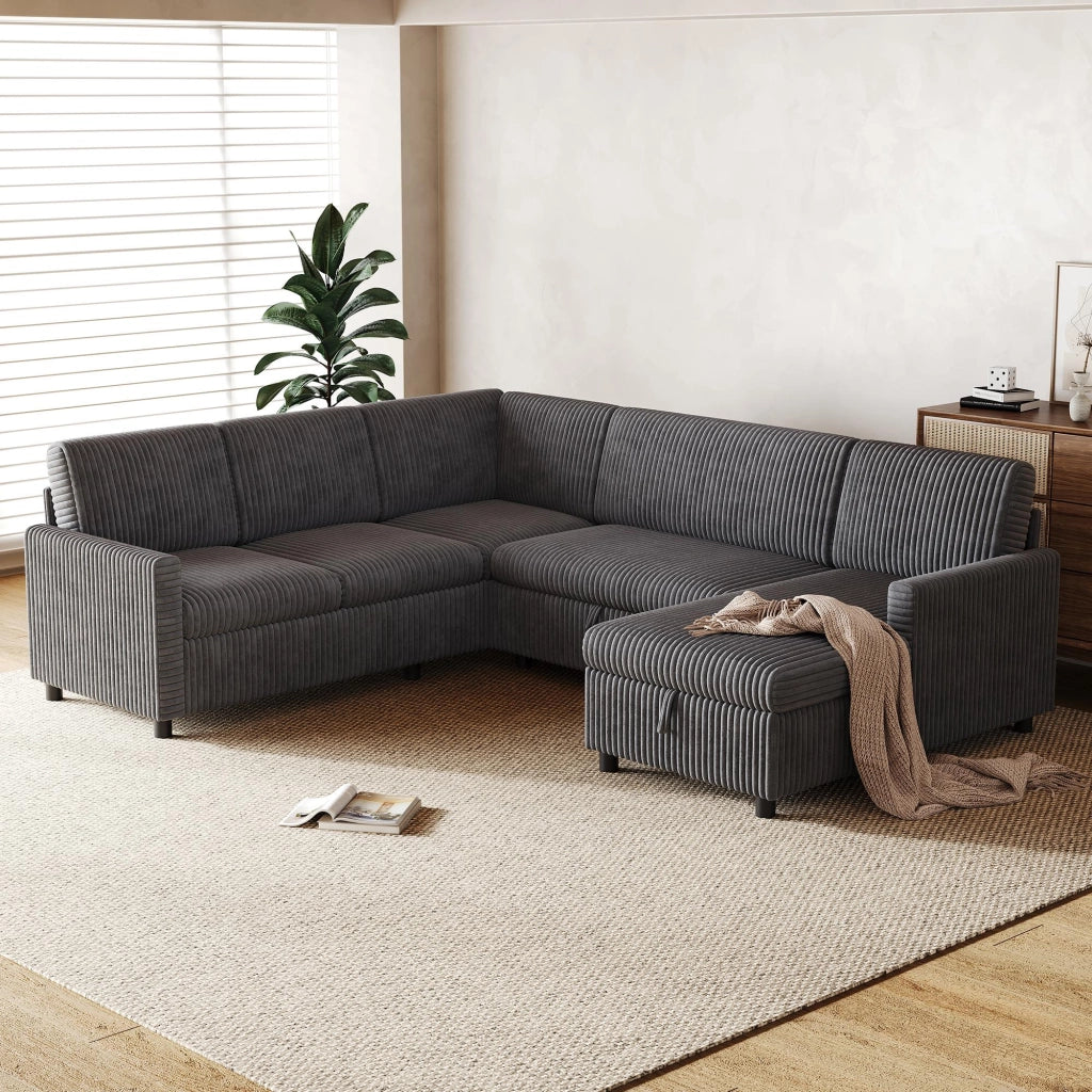 Divano panoramico a U convertibile con letto, contenitore e tessuto a coste, grigio 274 × 220 × 85 cm