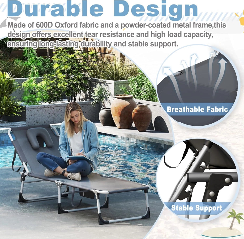 Sedia a sdraio pieghevole da giardino con schienale e poggiapiedi regolabili, portatile, da giardino, da spiaggia, per giardino, terrazza, spiaggia, grigio scuro