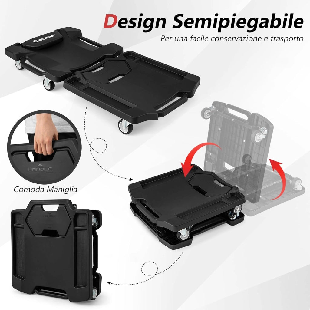 COSTWAY Carrello Sotto Auto Pieghevole, Lettino Sottomacchina da Meccanico con Poggiatesta Imbottito e Vassoio Portautensili, Portata 158 kg, Sdraio da Officina con Ruote per Garage e Riparazioni Auto
