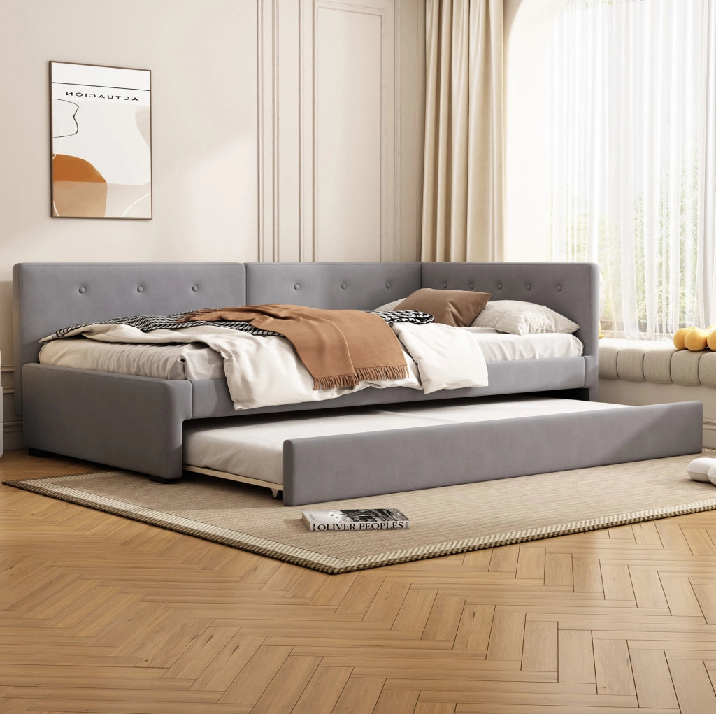 Letto singolo imbottito 90x200 cm con letto estraibile grigio