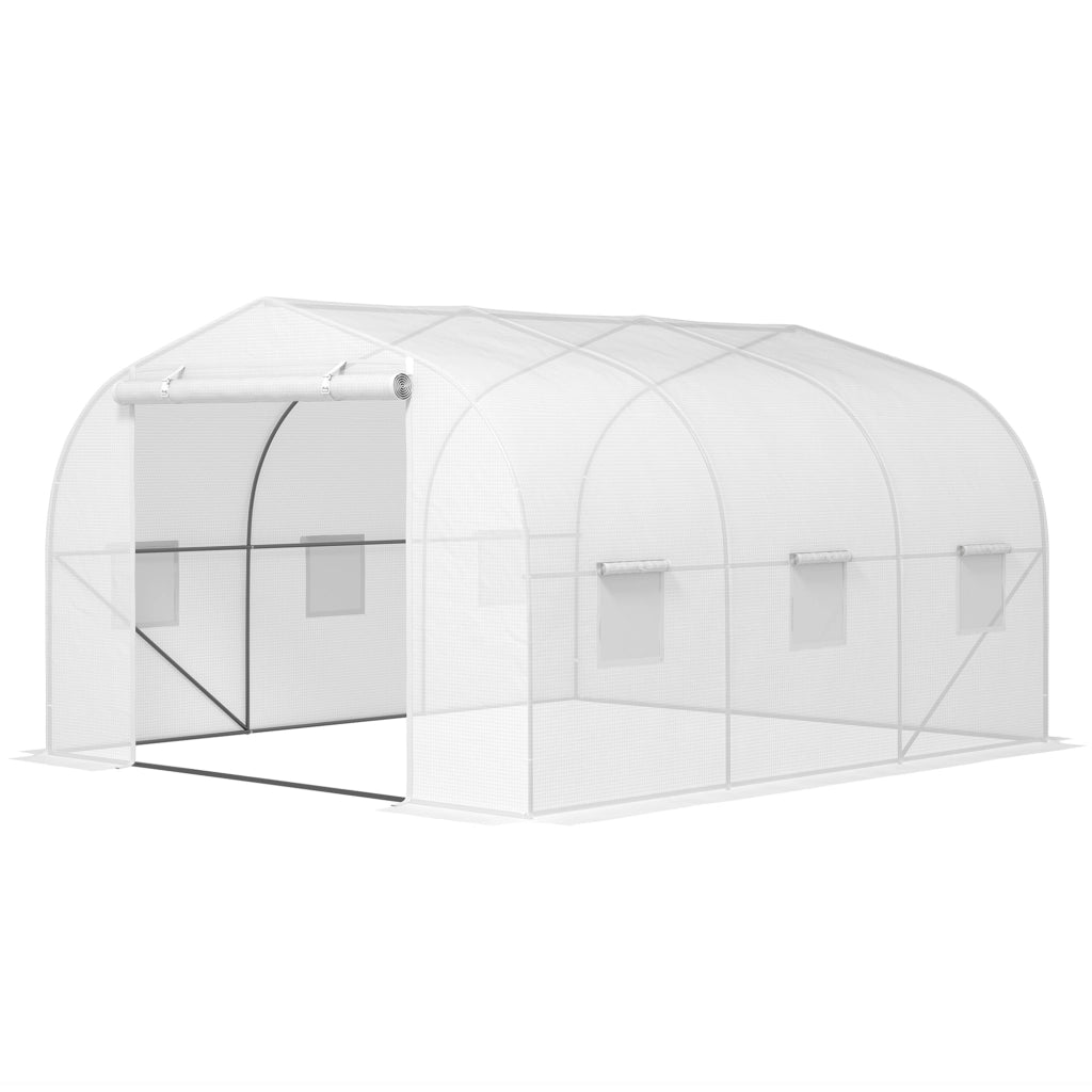 Serra da Giardino a Tunnel con 6 Finestre e Porta a Rullo ¨C zephmum ¨C Bianco, Acciaio e PE, 3.5x3x2 m