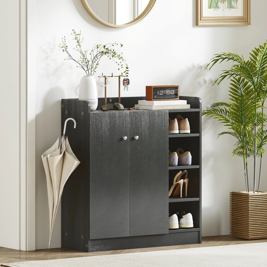 Scarpiera Armadio con 4 Ripiani Aperti e 2 Ante ¨C Zephmum ¨C 83x30x90 cm, Nero