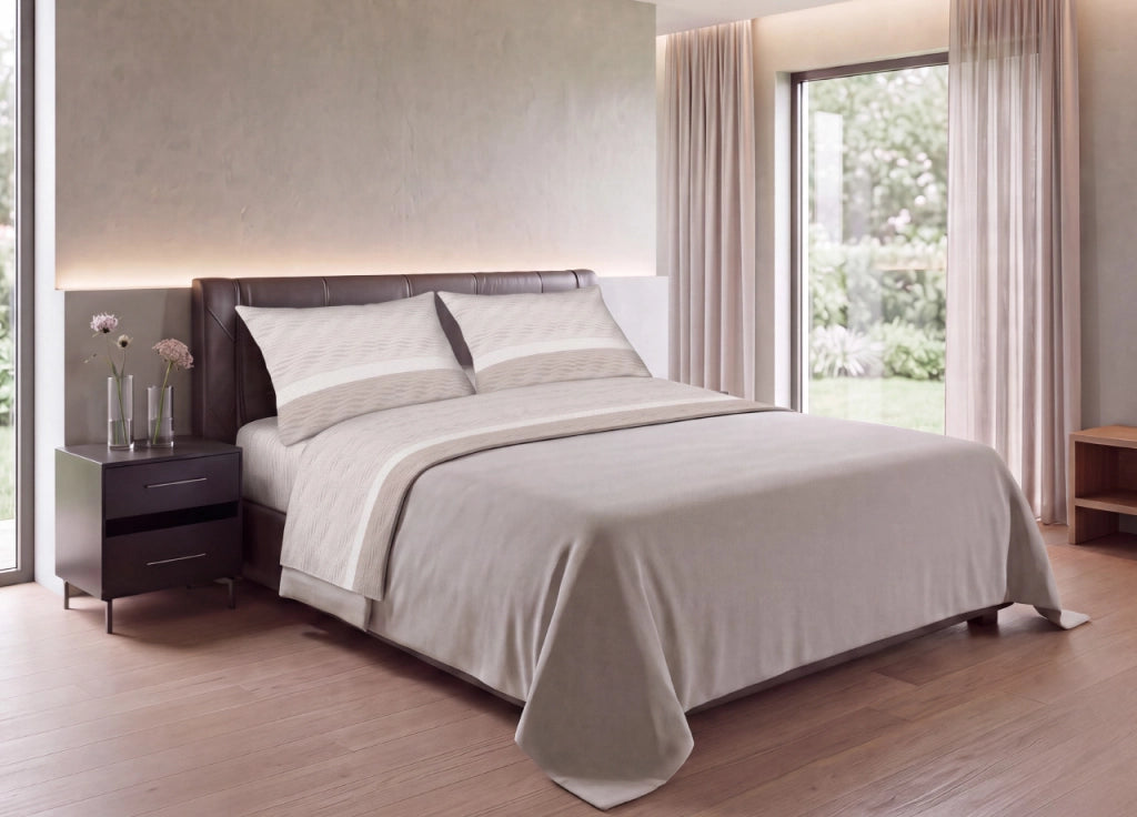 Completo Lenzuola In Morbida Flanella Made Italy Disegno Lane C.N - 1 Piazza E Mezza - Beige