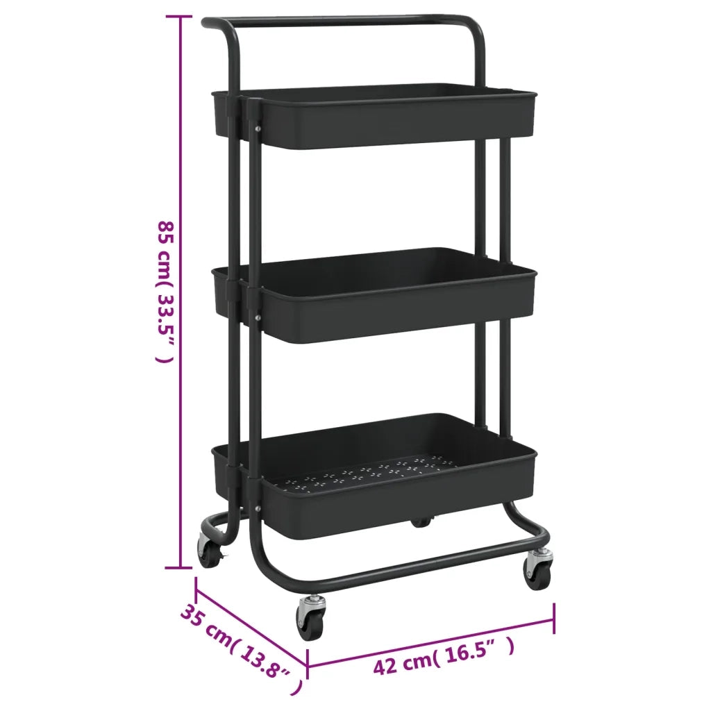 Carrello da Cucina 3 Ripiani-Scaffale per Cucina Nero 42x35x85 cm Ferro e ABS