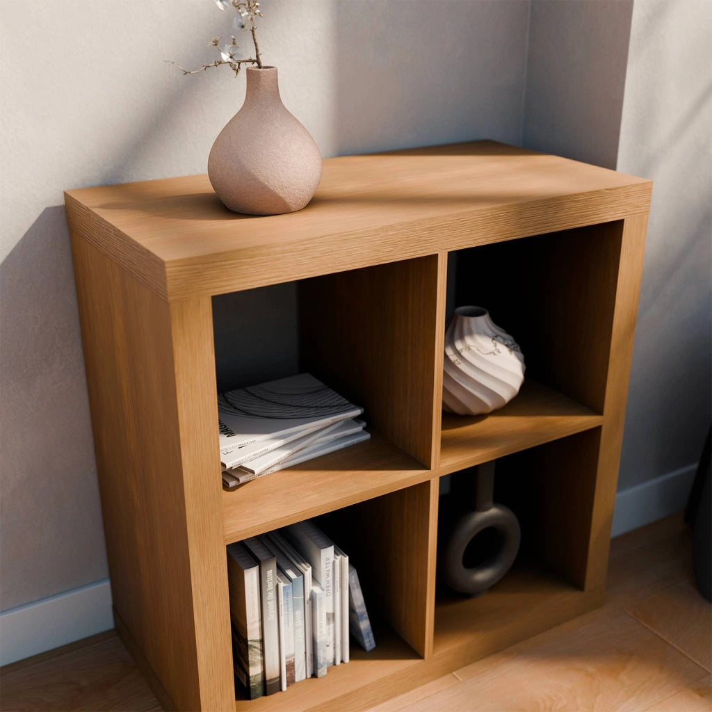 Libreria cubica, 2 livelli, 4 vani, effetto legno miele