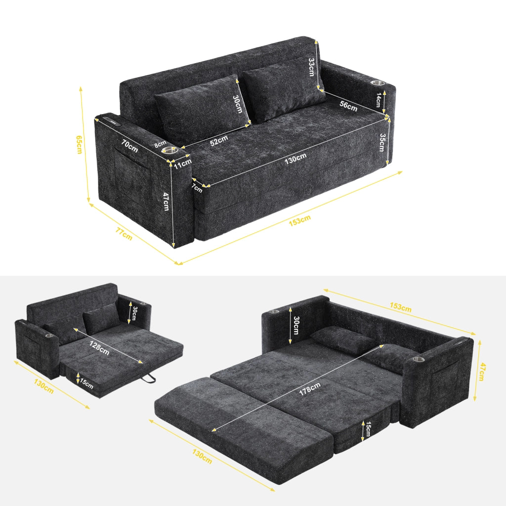 Divano letto 2 posti con funzione letto, porte USB, portabicchieri e tasche laterali in ciniglia nero e grigio