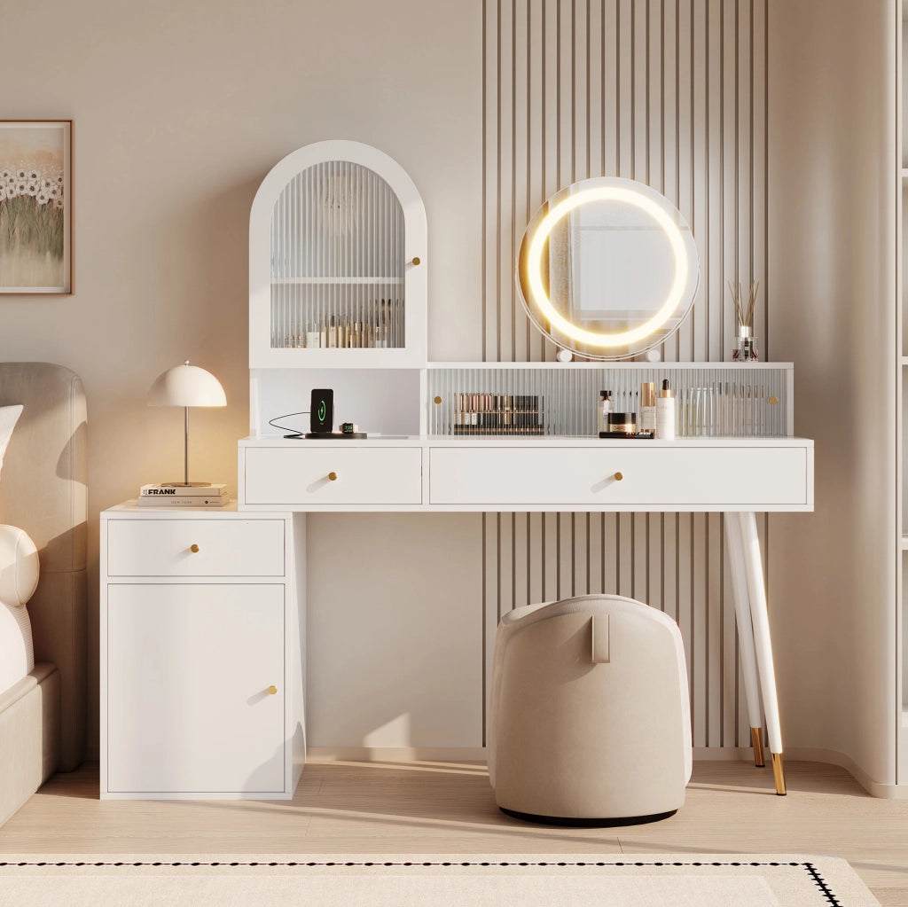 Tavolo trucco con specchio LED, porte USB e Type-C, 2 prese e ampio spazio