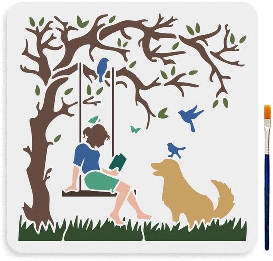 Kit stencil riciclabile 30 × 30 cm - Sjabloon albero - Sjabloon cane/uccelli - Sjabloon per pittura - Progetti di artigianato e arte