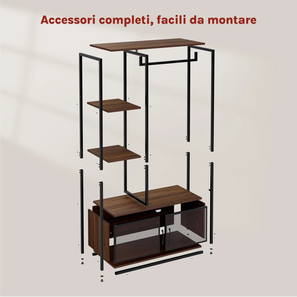 Stand Appendiabiti con Multi Scaffali Laterali e Armadietto Guardaroba Scaffale Porta Abiti in Legno e Metallo, Faggio Scuro
