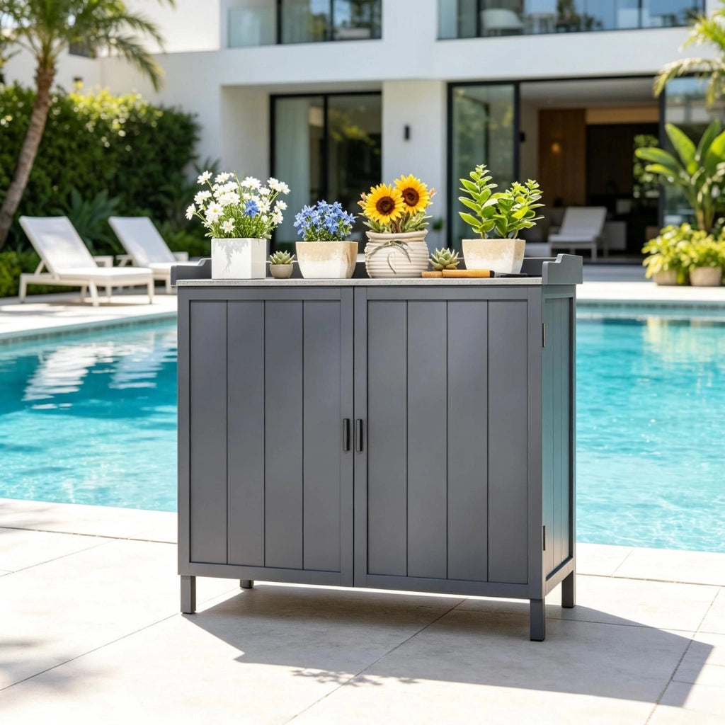 Armadio da giardino 2 in 1 con tavolo da rinvaso e ripiano 98 x 48 x 95;5 cm; grigio