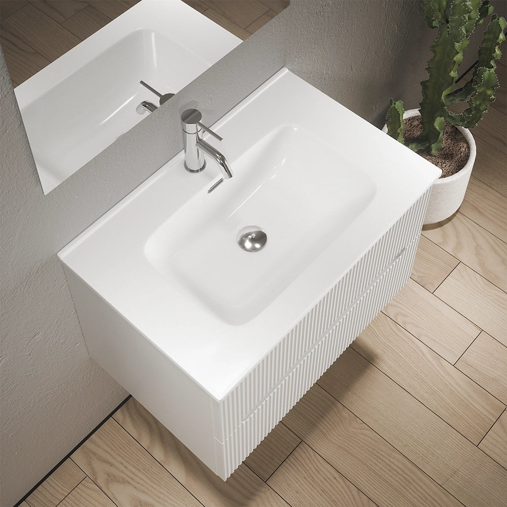 Mobile bagno sospeso 90cm cannettato bianco opaco con lavabo in ceramica e specchio | Kaindy