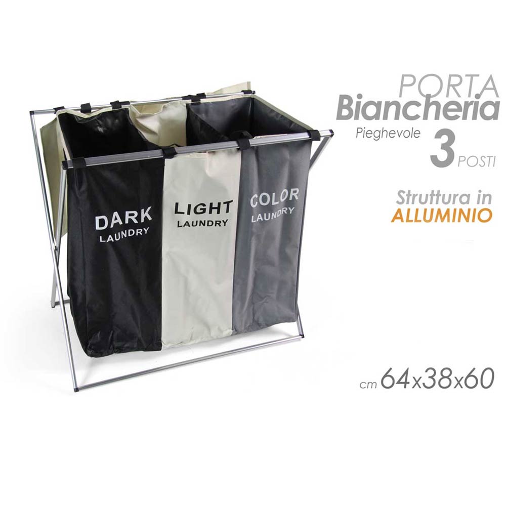 Cesto Biancheria 3 Scomparti Portabiancheria Pieghevole in Alluminio e Tessuto