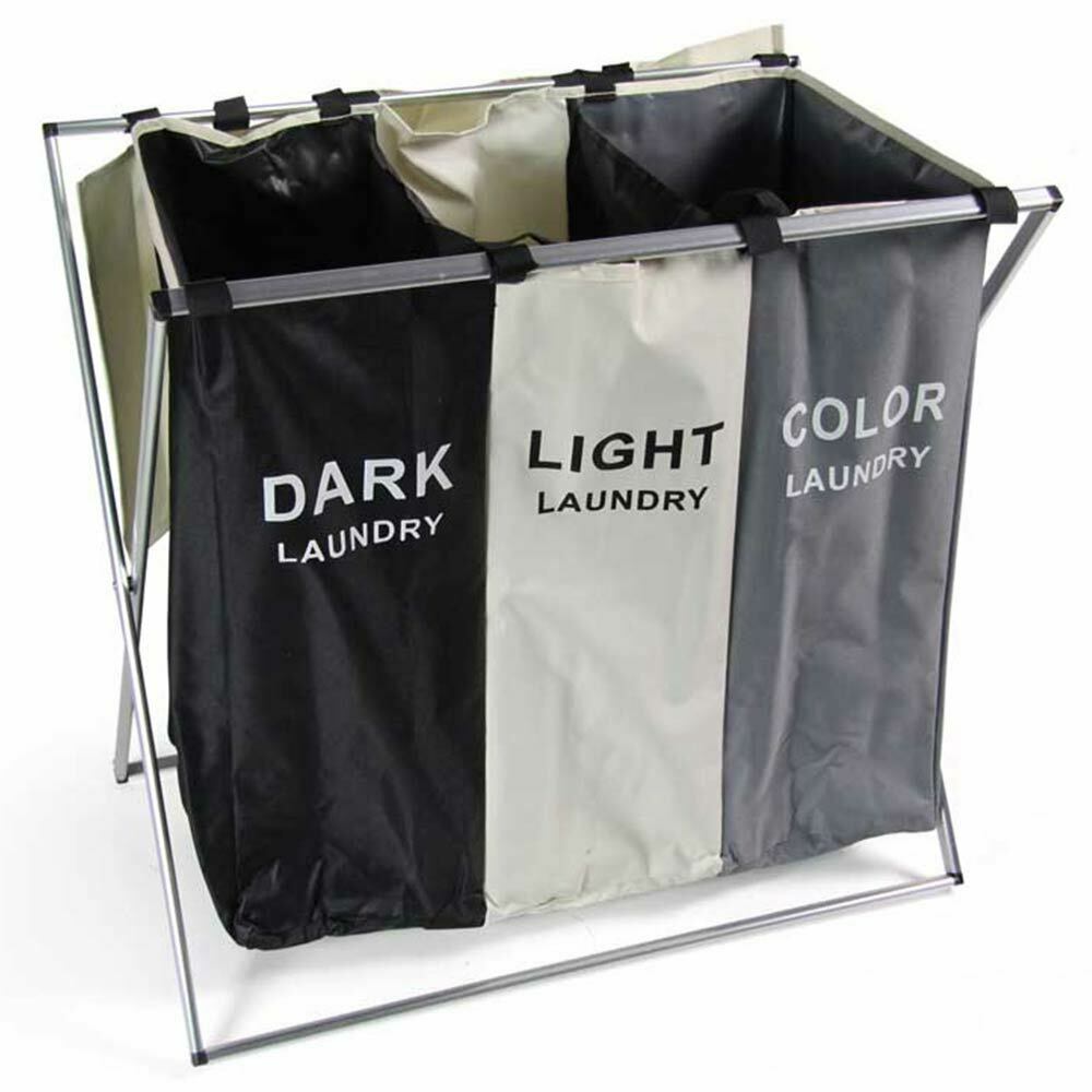 Cesto Biancheria 3 Scomparti Portabiancheria Pieghevole in Alluminio e Tessuto
