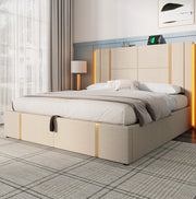 Letto matrimoniale imbottito 160x200 cm beige in lino con LED RGB; USB e USB-C; contenitore