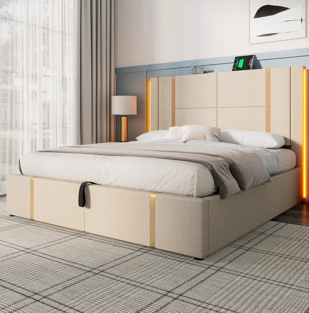 Letto matrimoniale imbottito 160x200 cm beige in lino con LED RGB; USB e USB-C; contenitore