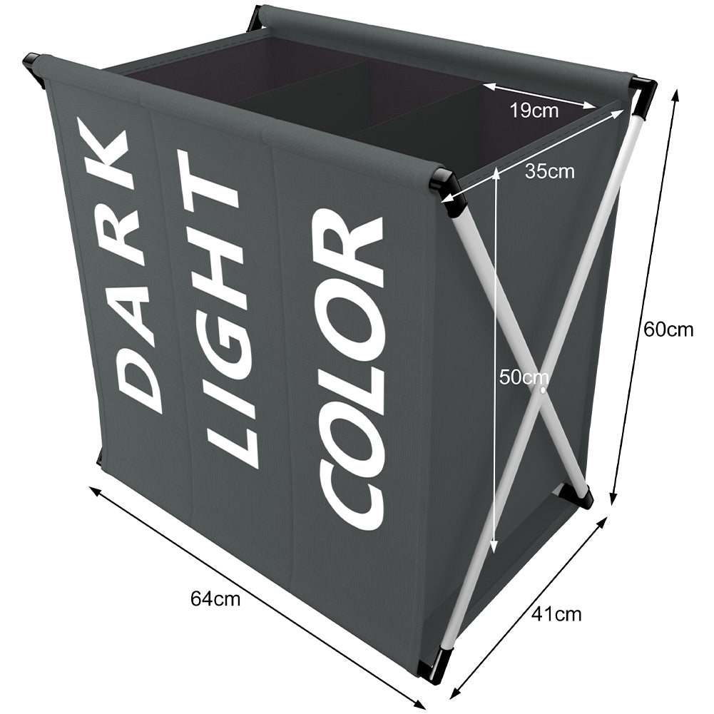 Cesto Biancheria 3 Scomparti Portabiancheria Pieghevole Metallo e Tessuto Grigio