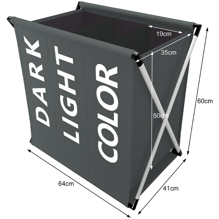 Cesto Biancheria 3 Scomparti Portabiancheria Pieghevole Metallo e Tessuto Grigio