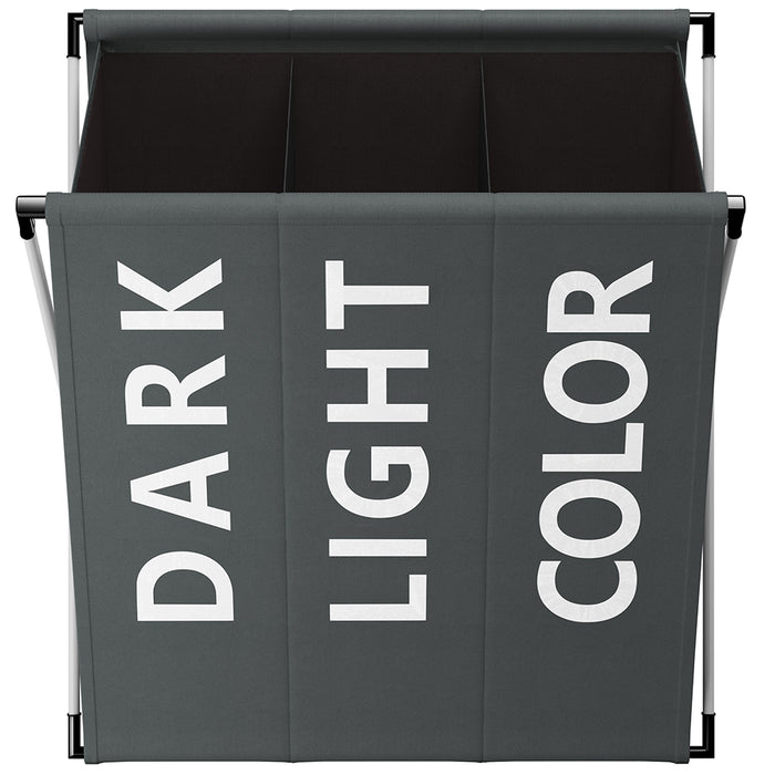 Cesto Biancheria 3 Scomparti Portabiancheria Pieghevole Metallo e Tessuto Grigio