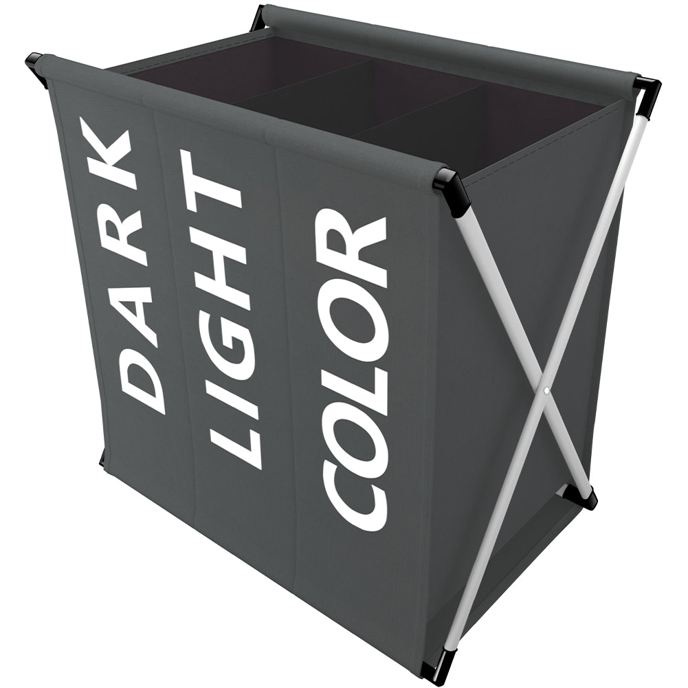 Cesto Biancheria 3 Scomparti Portabiancheria Pieghevole Metallo e Tessuto Grigio